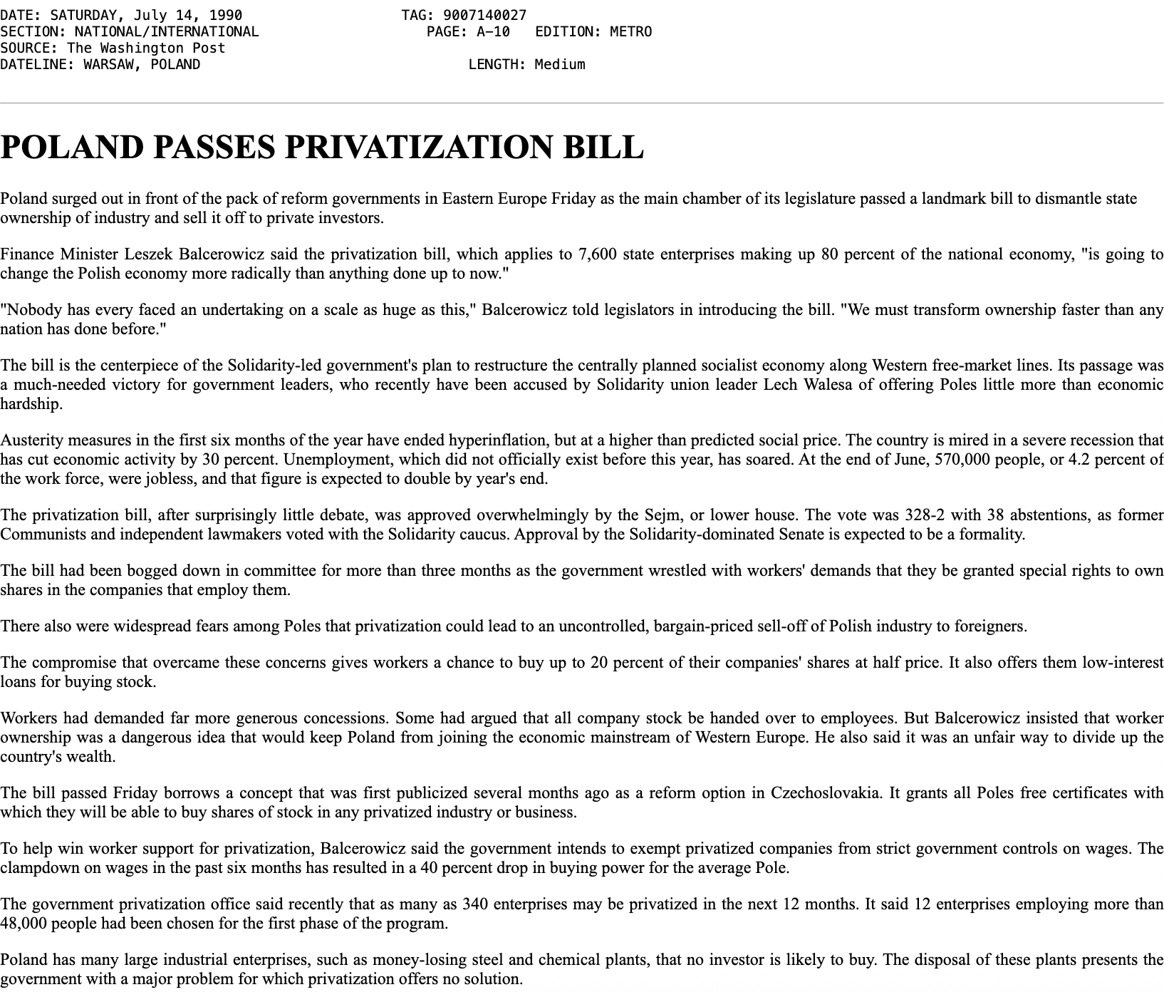 Poland Passes Privatization Bill